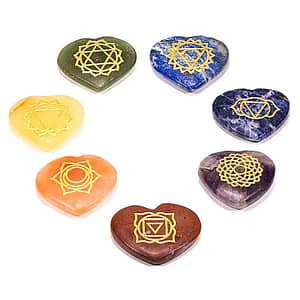 Set 7 pietre dure tonde cuoriformi con simboli 7 chakra 3,5 cm